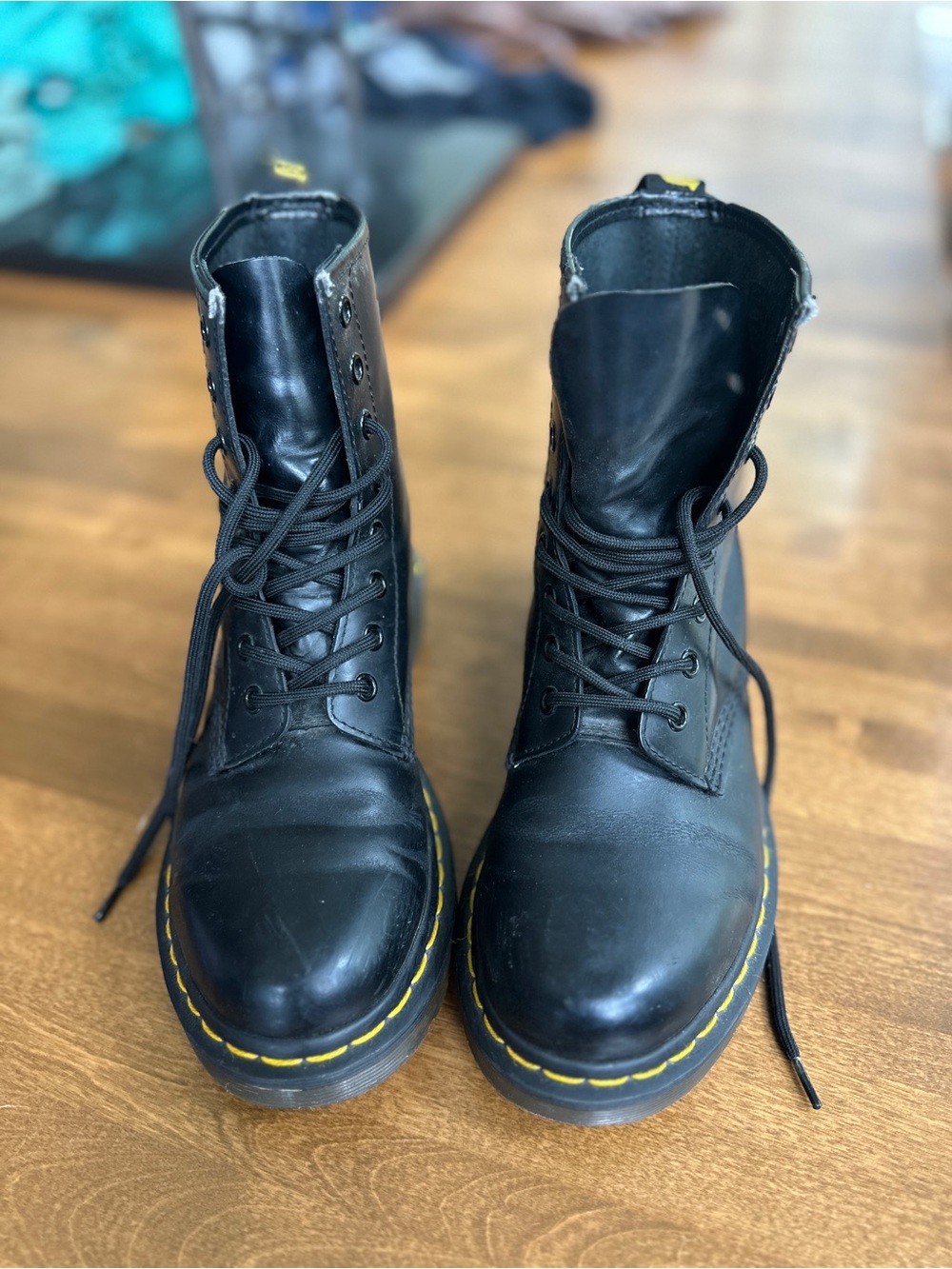Dr. Martens Black Leather Lace-Up Boots with Yellow Stitching